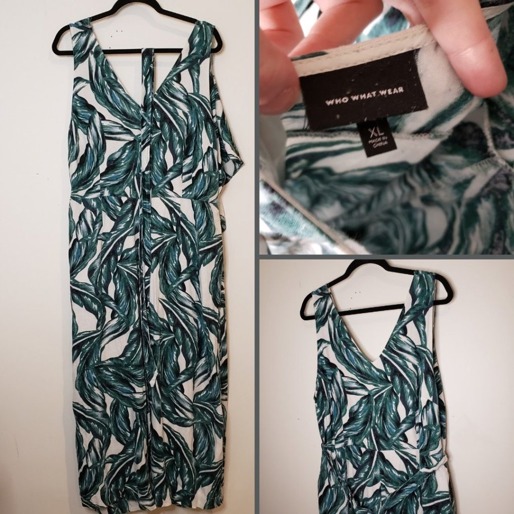 Leaf print tie back wide leg linen jumpsuit